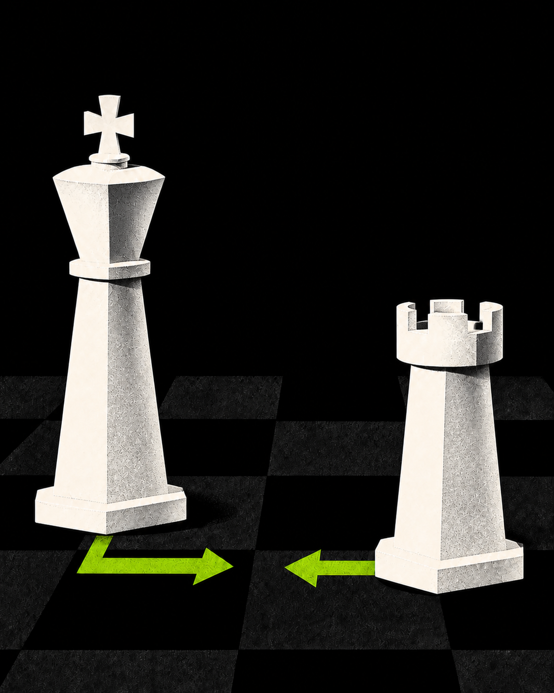 A white king moves from e1 to g1 while a white rook moves from h1 to f1 in a kingside castle.